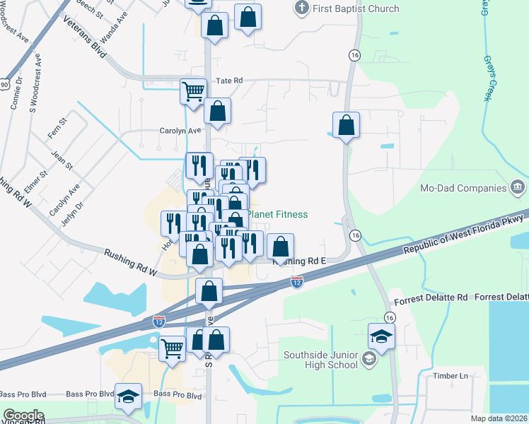 map of restaurants, bars, coffee shops, grocery stores, and more near 145 Aspen Square in Denham Springs