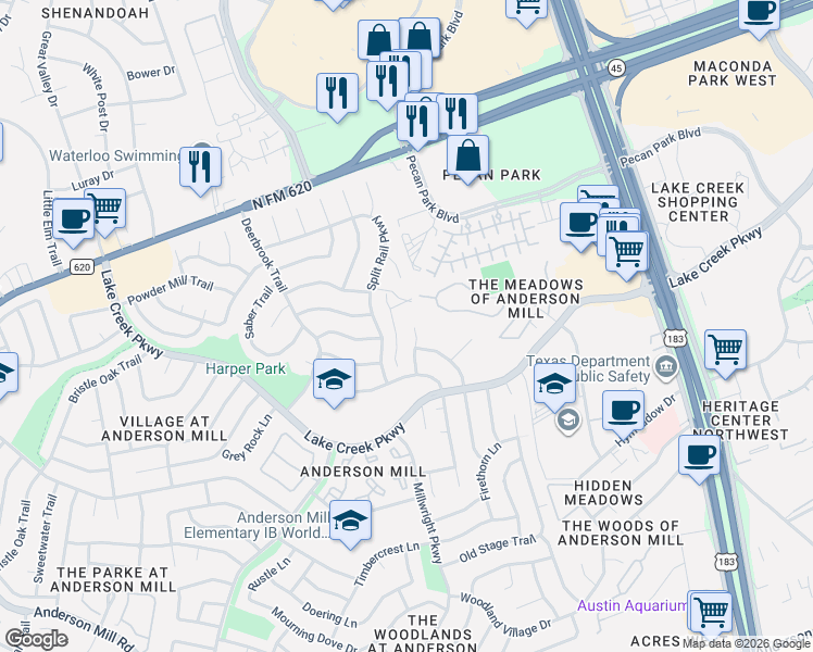 map of restaurants, bars, coffee shops, grocery stores, and more near Split Rail Parkway in Austin