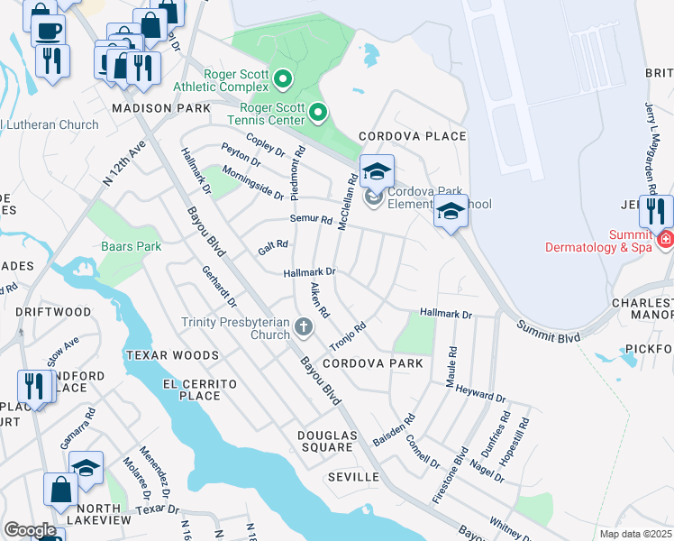 map of restaurants, bars, coffee shops, grocery stores, and more near 2337 Hallmark Drive in Pensacola