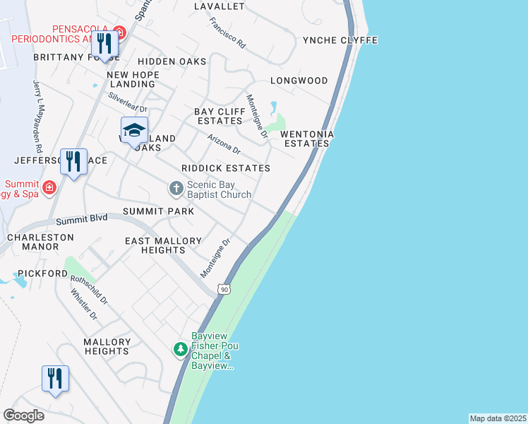 map of restaurants, bars, coffee shops, grocery stores, and more near 3665 Brookshire Drive in Pensacola