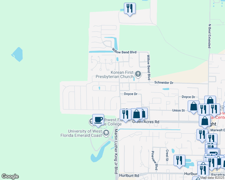 map of restaurants, bars, coffee shops, grocery stores, and more near 1922 Patrician Way in Fort Walton Beach