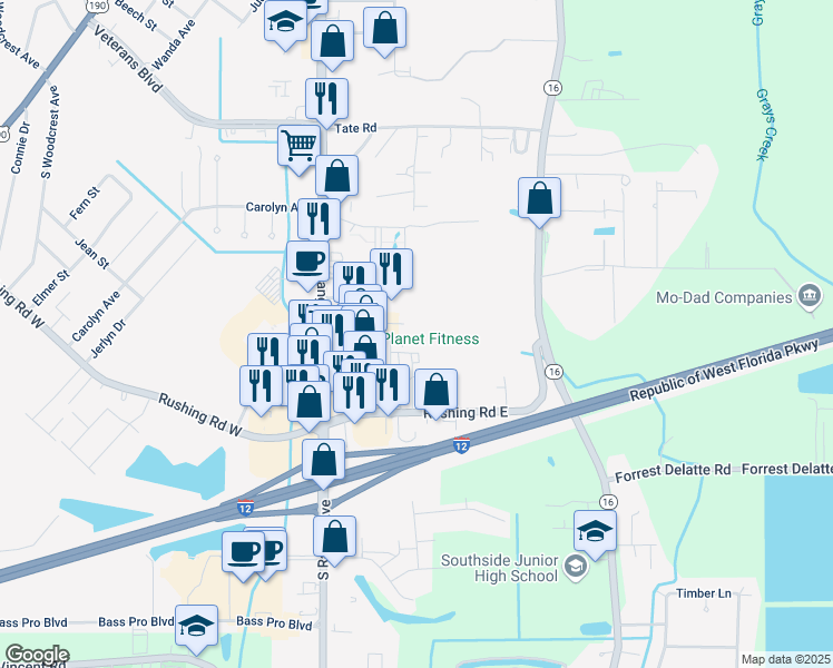 map of restaurants, bars, coffee shops, grocery stores, and more near 151 Aspen Square in Denham Springs