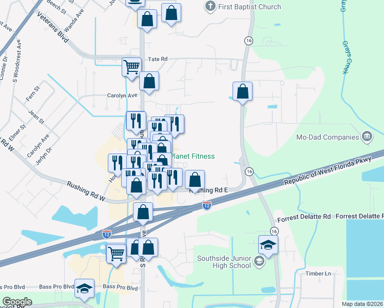 map of restaurants, bars, coffee shops, grocery stores, and more near 145 Aspen Square in Denham Springs