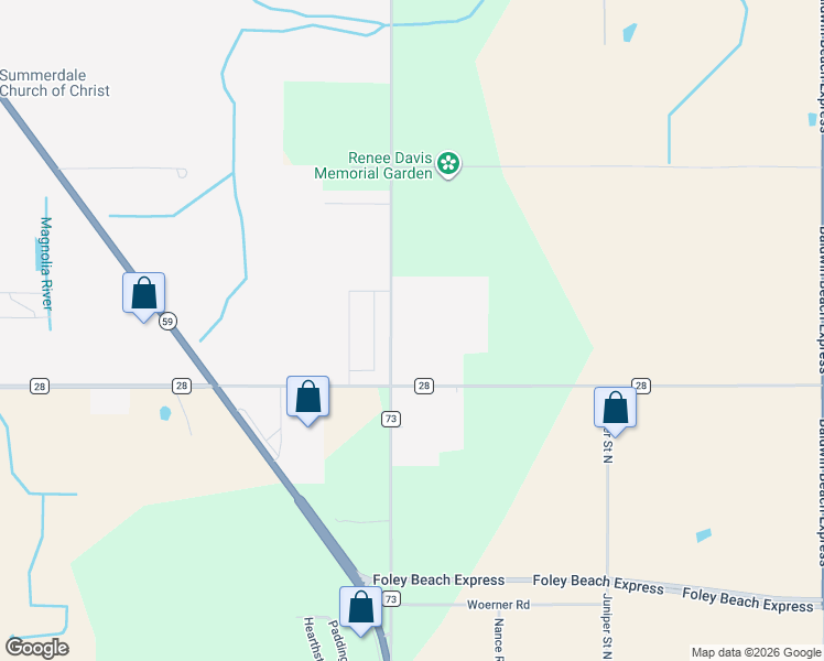 map of restaurants, bars, coffee shops, grocery stores, and more near 16172 County Road 73 in Summerdale