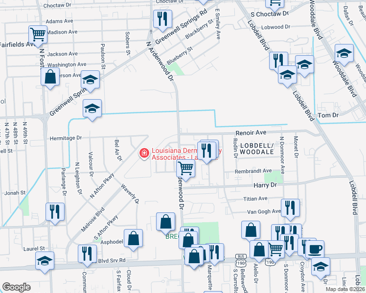 map of restaurants, bars, coffee shops, grocery stores, and more near 1110 North Ardenwood Drive in Baton Rouge