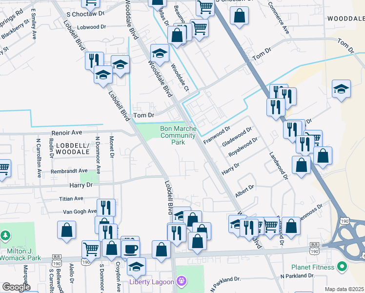 map of restaurants, bars, coffee shops, grocery stores, and more near 1335 Wooddale Boulevard in Baton Rouge