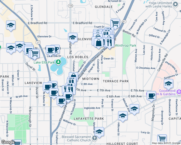 map of restaurants, bars, coffee shops, grocery stores, and more near 1501 Grape Street in Tallahassee