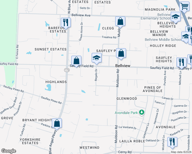 map of restaurants, bars, coffee shops, grocery stores, and more near 5142 Regalo Drive in Pensacola