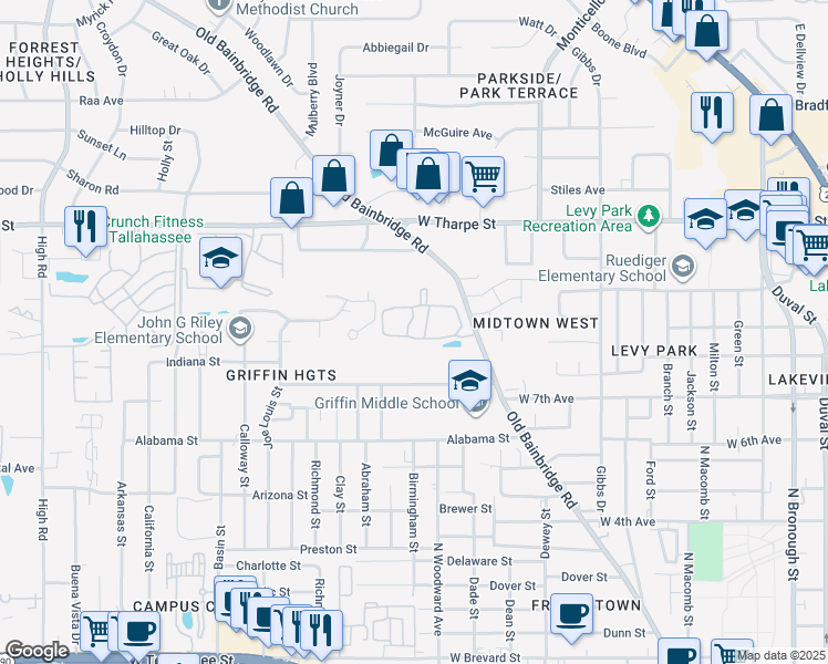 map of restaurants, bars, coffee shops, grocery stores, and more near 1600 Old Bainbridge Road in Tallahassee