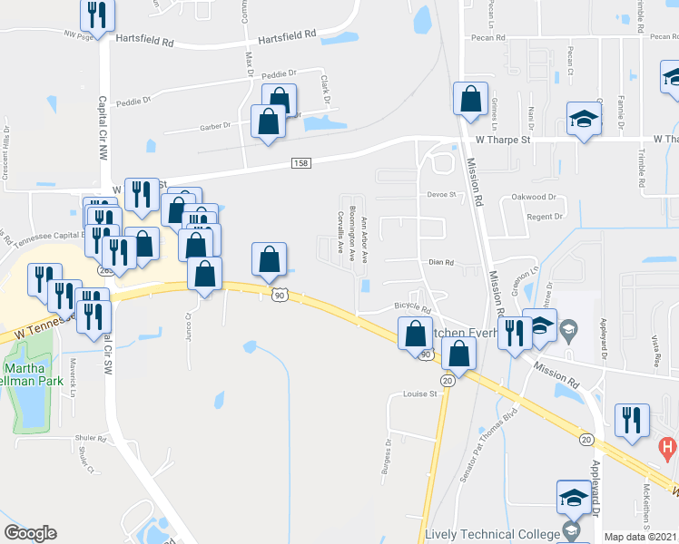 map of restaurants, bars, coffee shops, grocery stores, and more near 1890 Honolulu Lane in Tallahassee