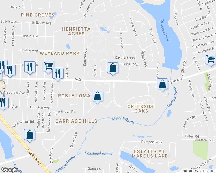 map of restaurants, bars, coffee shops, grocery stores, and more near 2421 Spyglass Circle in Pensacola