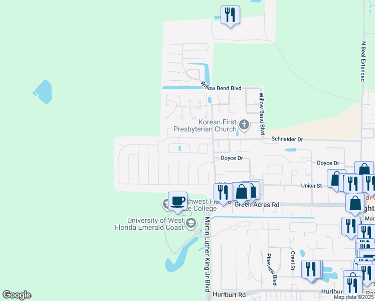map of restaurants, bars, coffee shops, grocery stores, and more near 1924 Heartland Drive in Fort Walton Beach