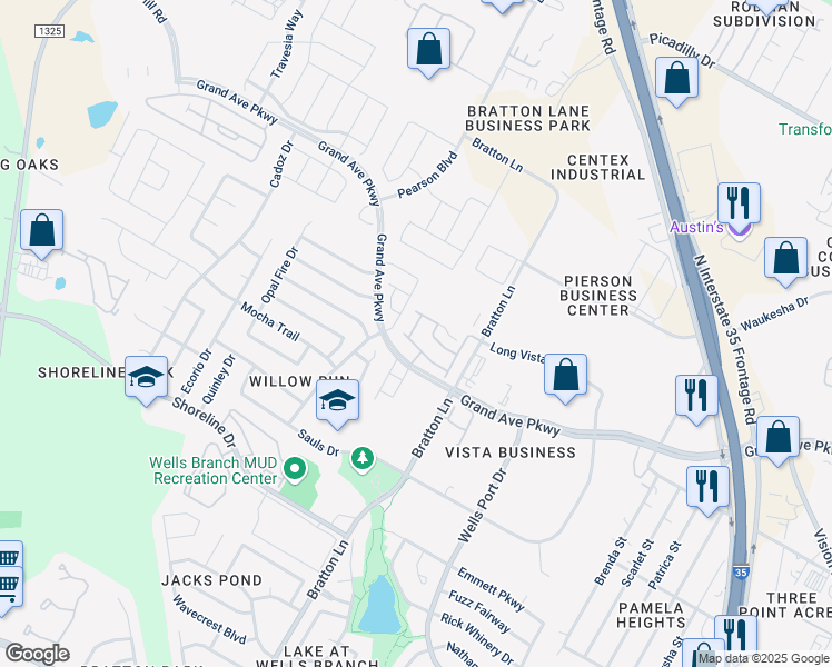 map of restaurants, bars, coffee shops, grocery stores, and more near 15800 Crissom Lane in Austin