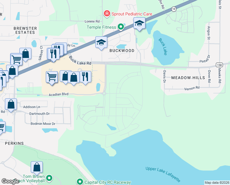 map of restaurants, bars, coffee shops, grocery stores, and more near Fallschase Parkway in Tallahassee