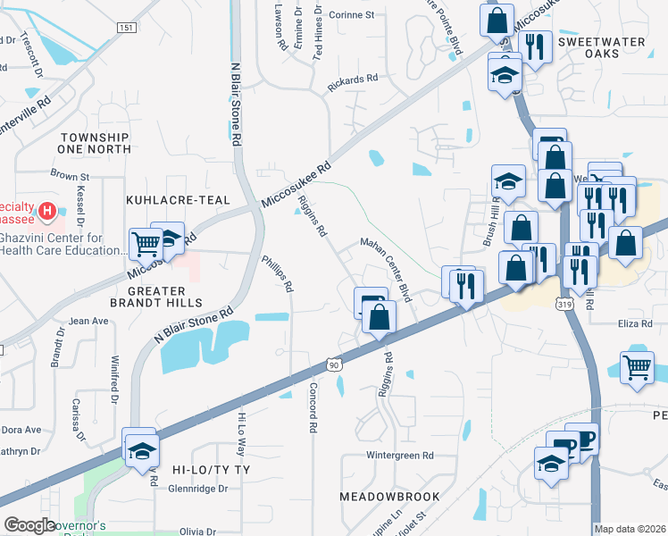 map of restaurants, bars, coffee shops, grocery stores, and more near 1714 Mahan Center Boulevard in Tallahassee