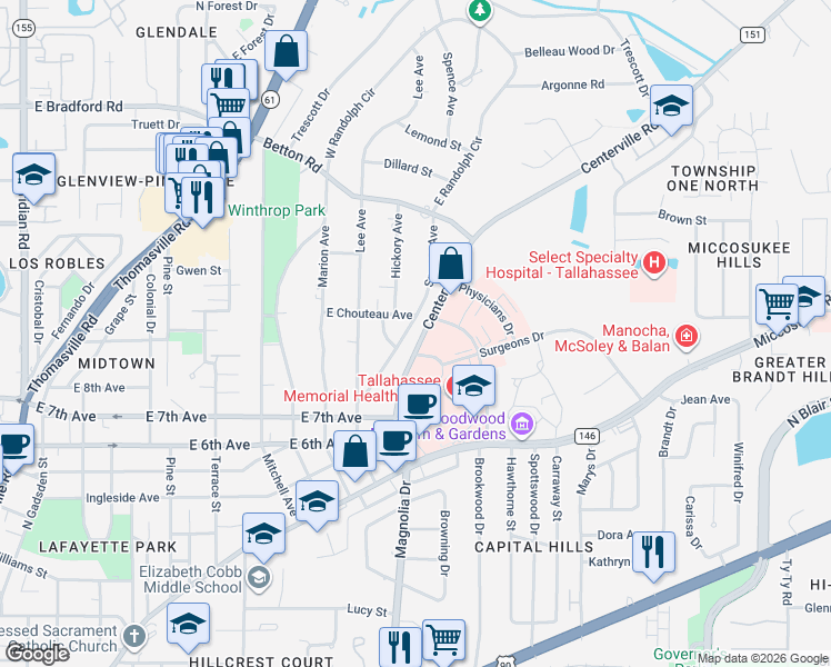 map of restaurants, bars, coffee shops, grocery stores, and more near 1503 Hickory Avenue in Tallahassee