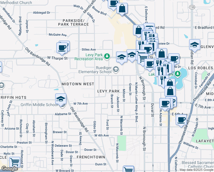 map of restaurants, bars, coffee shops, grocery stores, and more near 1616 Branch Street in Tallahassee
