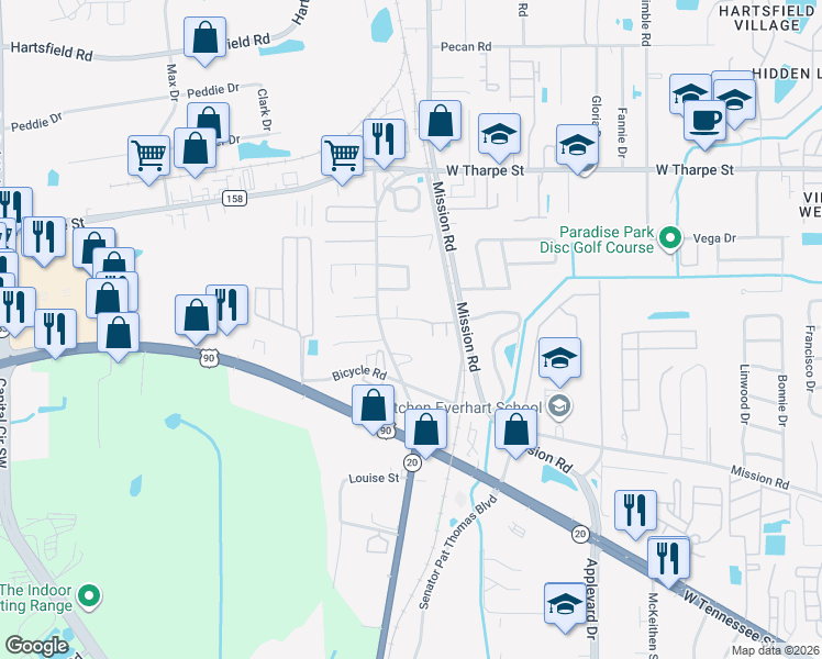 map of restaurants, bars, coffee shops, grocery stores, and more near 3102 Dian Road in Tallahassee