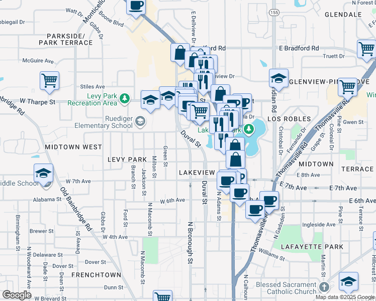 map of restaurants, bars, coffee shops, grocery stores, and more near 303 West 9th Avenue in Tallahassee