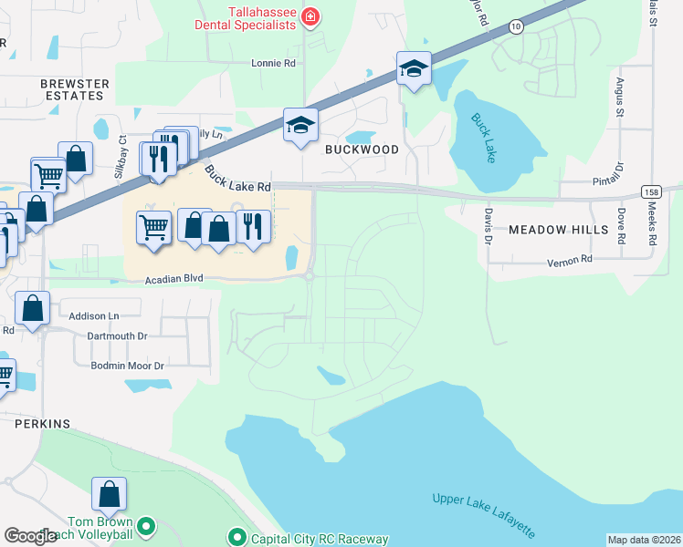 map of restaurants, bars, coffee shops, grocery stores, and more near Fallschase Parkway in Tallahassee