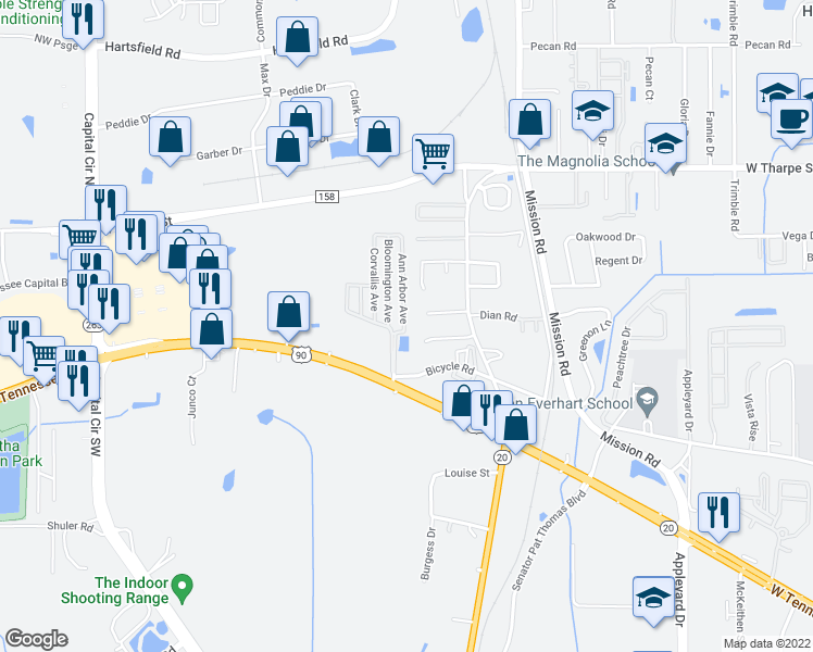 map of restaurants, bars, coffee shops, grocery stores, and more near 1929 Bloomington Avenue in Tallahassee