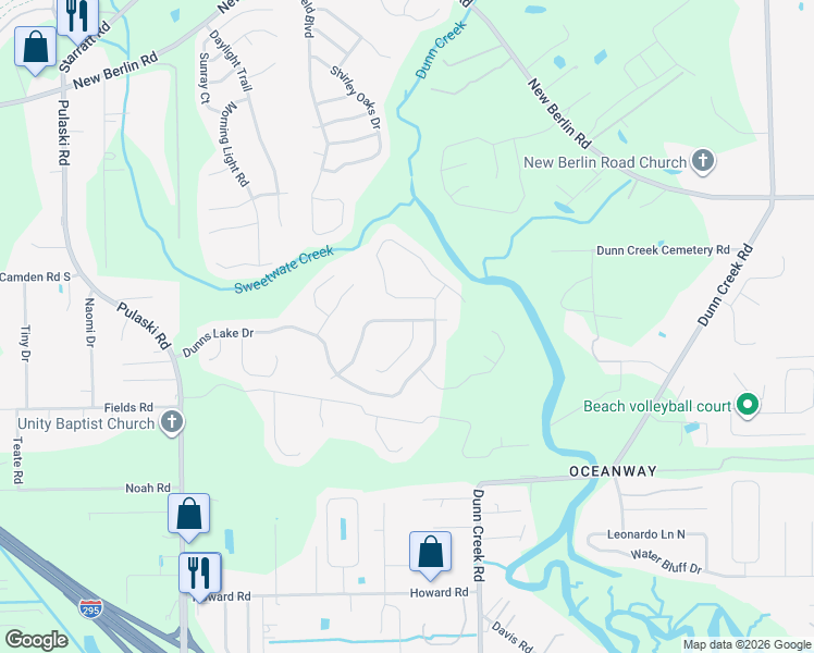 map of restaurants, bars, coffee shops, grocery stores, and more near 12350 Bristol Creek Drive in Jacksonville