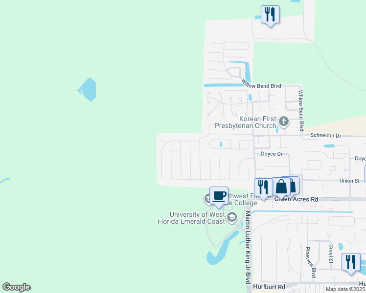map of restaurants, bars, coffee shops, grocery stores, and more near 1632 Campbell Drive North in Fort Walton Beach