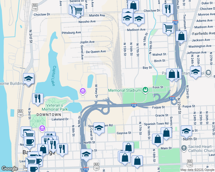map of restaurants, bars, coffee shops, grocery stores, and more near East Highway Drive in Baton Rouge
