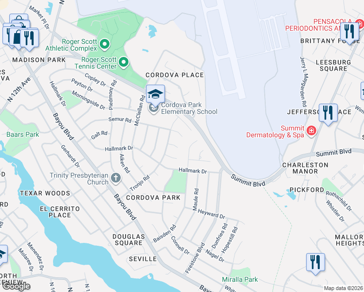 map of restaurants, bars, coffee shops, grocery stores, and more near 2474 Semur Road in Pensacola