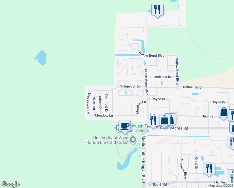 map of restaurants, bars, coffee shops, grocery stores, and more near 1879 Heartland Drive in Fort Walton Beach