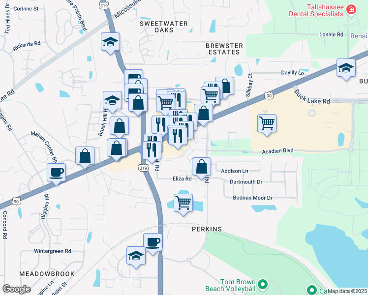 map of restaurants, bars, coffee shops, grocery stores, and more near 3111 Mahan Drive in Tallahassee