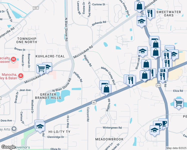 map of restaurants, bars, coffee shops, grocery stores, and more near 1714 Mahan Center Boulevard in Tallahassee