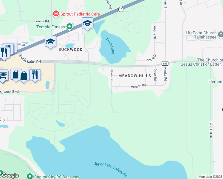 map of restaurants, bars, coffee shops, grocery stores, and more near 1708 Davis Drive in Tallahassee