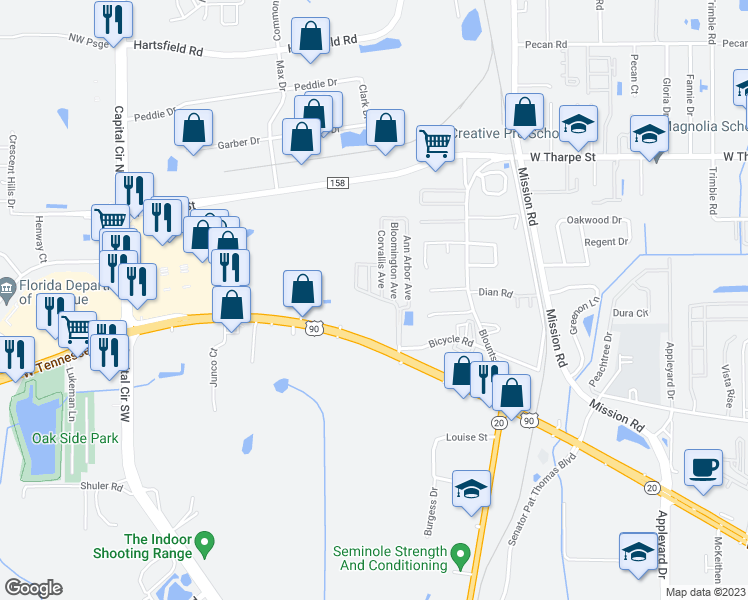 map of restaurants, bars, coffee shops, grocery stores, and more near 1900 Honolulu Lane in Tallahassee