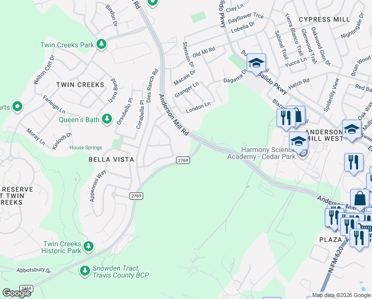 map of restaurants, bars, coffee shops, grocery stores, and more near 2400 Vestavia Ridge Lane in Cedar Park