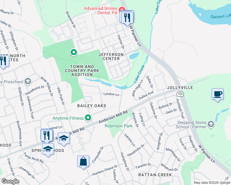 map of restaurants, bars, coffee shops, grocery stores, and more near 8410 Lyndon Lane in Austin