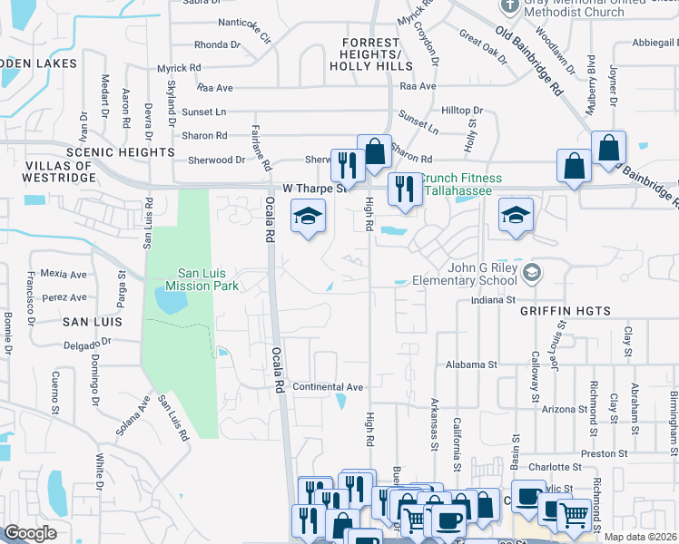 map of restaurants, bars, coffee shops, grocery stores, and more near 1514 High Road in Tallahassee