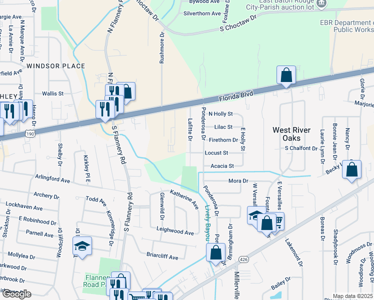 map of restaurants, bars, coffee shops, grocery stores, and more near 284 Lafitte Drive in Baton Rouge