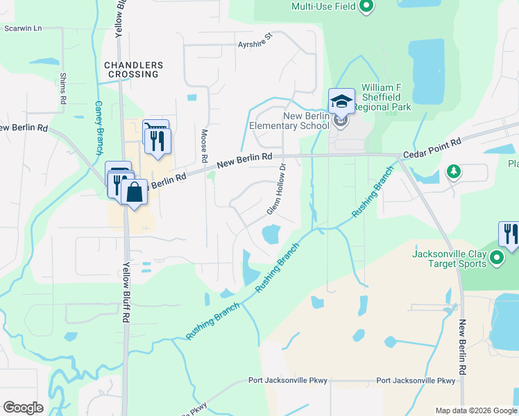 map of restaurants, bars, coffee shops, grocery stores, and more near 12394 Glenn Hollow Drive in Jacksonville
