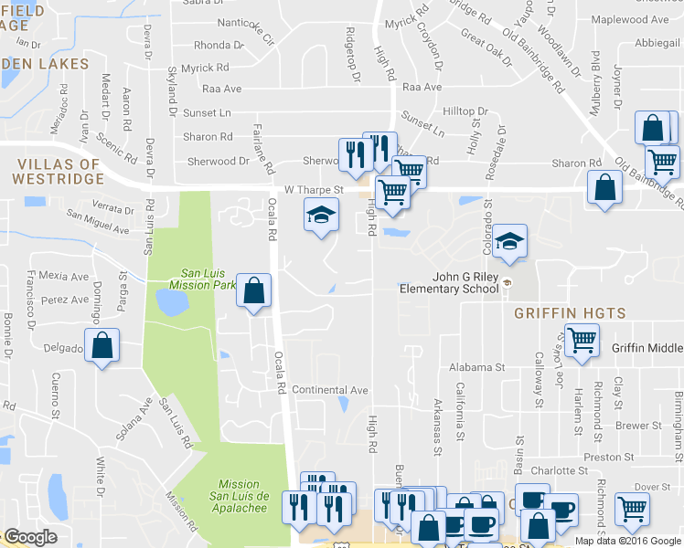 map of restaurants, bars, coffee shops, grocery stores, and more near 1514 High Road in Tallahassee