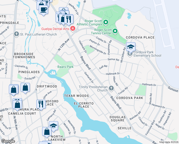 map of restaurants, bars, coffee shops, grocery stores, and more near 3731 Bayou Boulevard in Pensacola