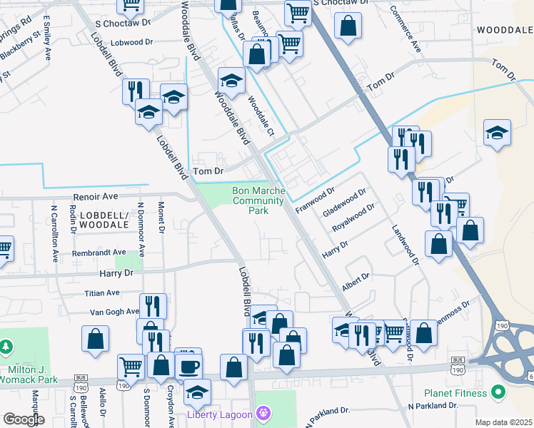 map of restaurants, bars, coffee shops, grocery stores, and more near 1335 Wooddale Boulevard in Baton Rouge
