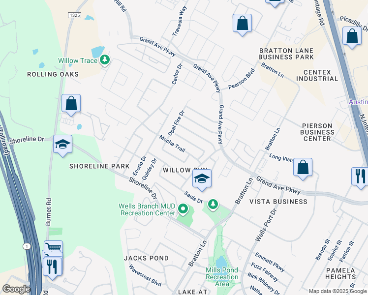 map of restaurants, bars, coffee shops, grocery stores, and more near 3505 Texas Topaz in Austin