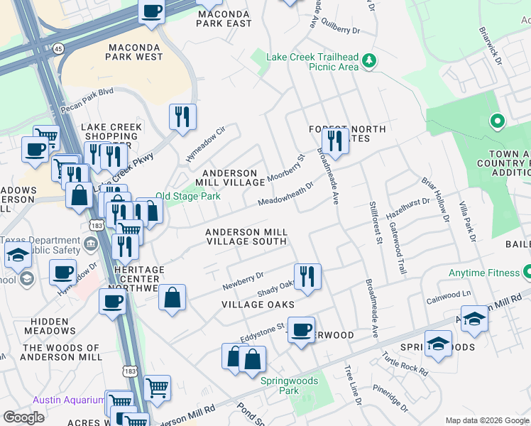 map of restaurants, bars, coffee shops, grocery stores, and more near 9627 Meadowheath Drive in Austin