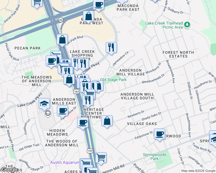 map of restaurants, bars, coffee shops, grocery stores, and more near 12902 Hymeadow Drive in Austin