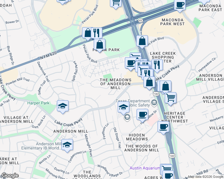 map of restaurants, bars, coffee shops, grocery stores, and more near 7 Mellow Meadow Drive in Austin
