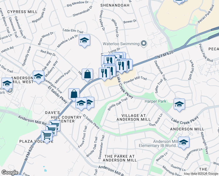 map of restaurants, bars, coffee shops, grocery stores, and more near 11418 Powder Mill Trail in Austin