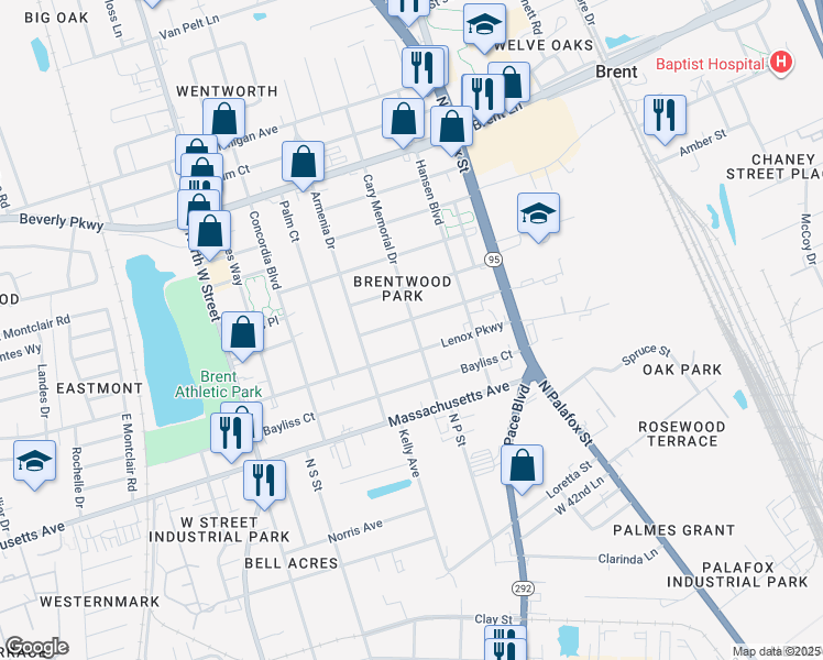 map of restaurants, bars, coffee shops, grocery stores, and more near 202 Quina Way in Pensacola
