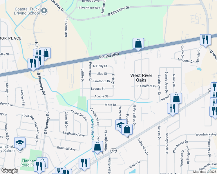 map of restaurants, bars, coffee shops, grocery stores, and more near 14466 Firethorn Drive in Baton Rouge