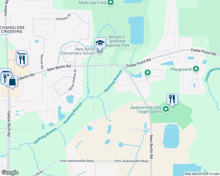 map of restaurants, bars, coffee shops, grocery stores, and more near 12263 Rouen Cove Drive in Jacksonville